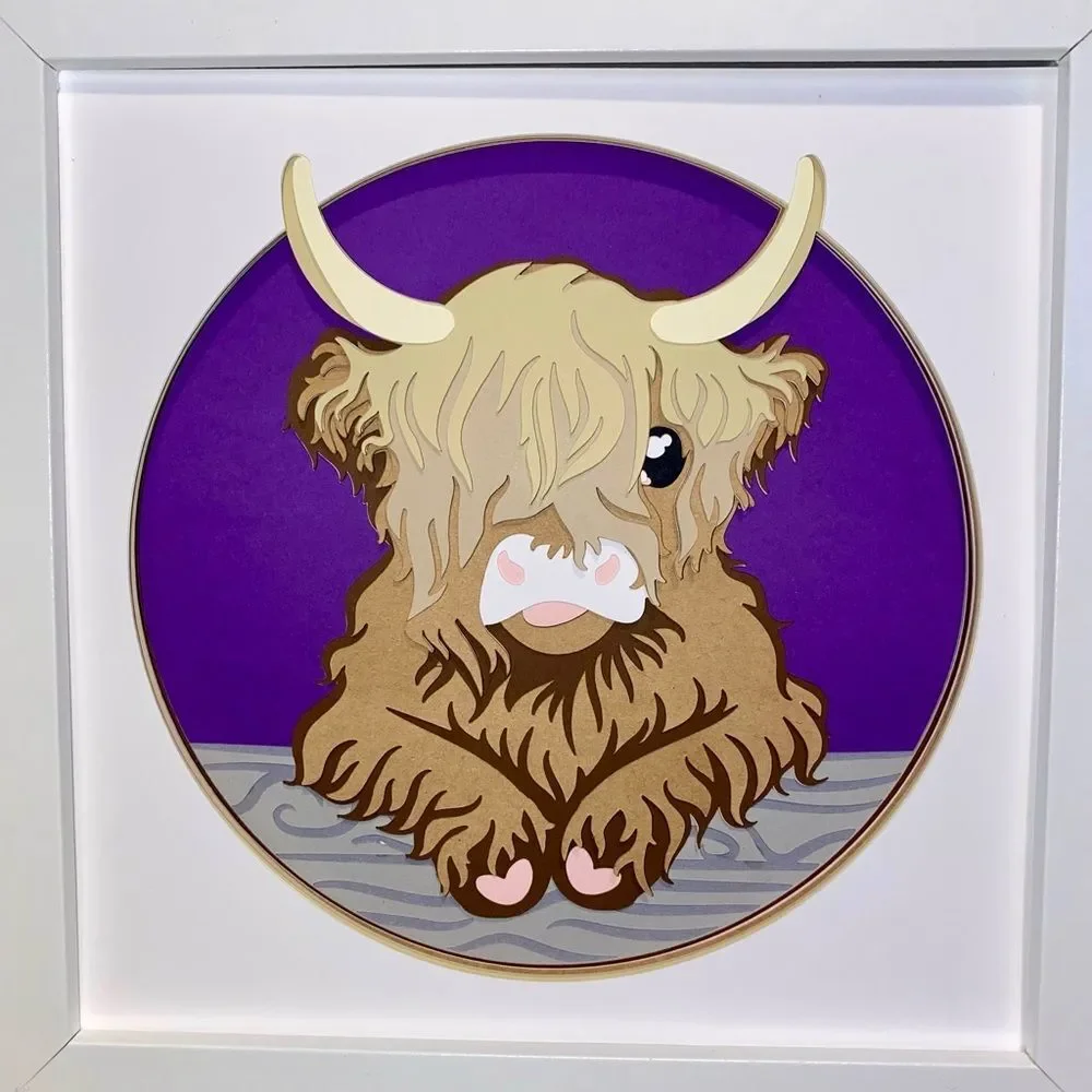 3D Purple Highland Cow On Log Shadowbox
